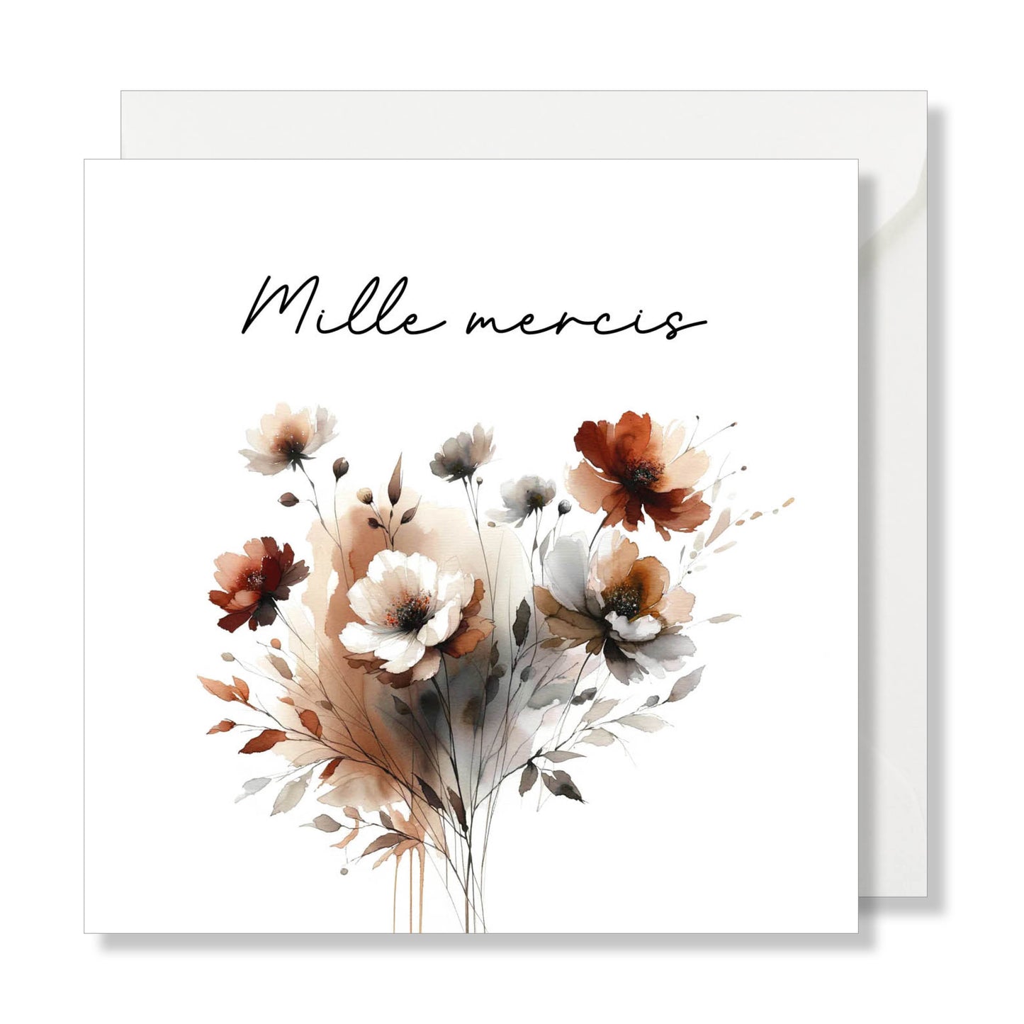 Carte de vœux carrée "mille mercis" aquarelle fleurs