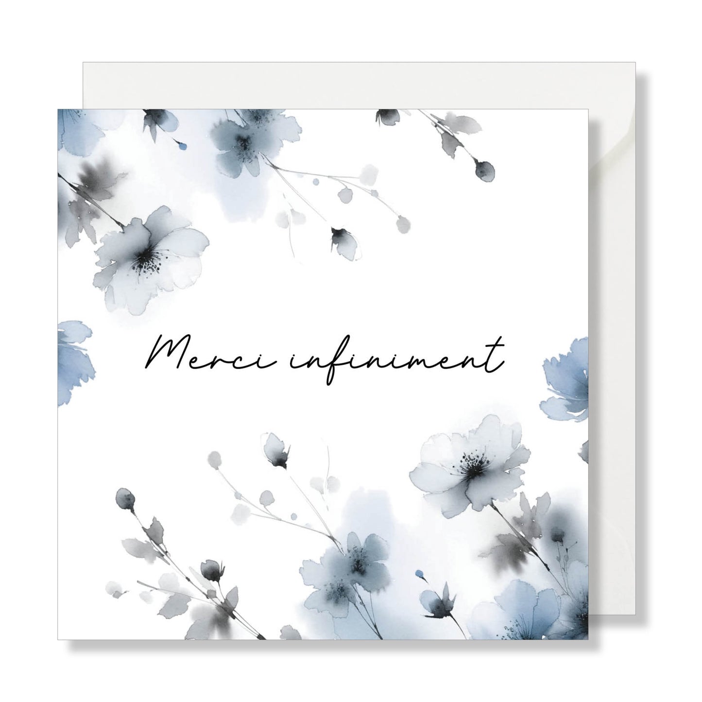 Carte de vœux carrée "merci infiniment" aquarelle fleurs bleu