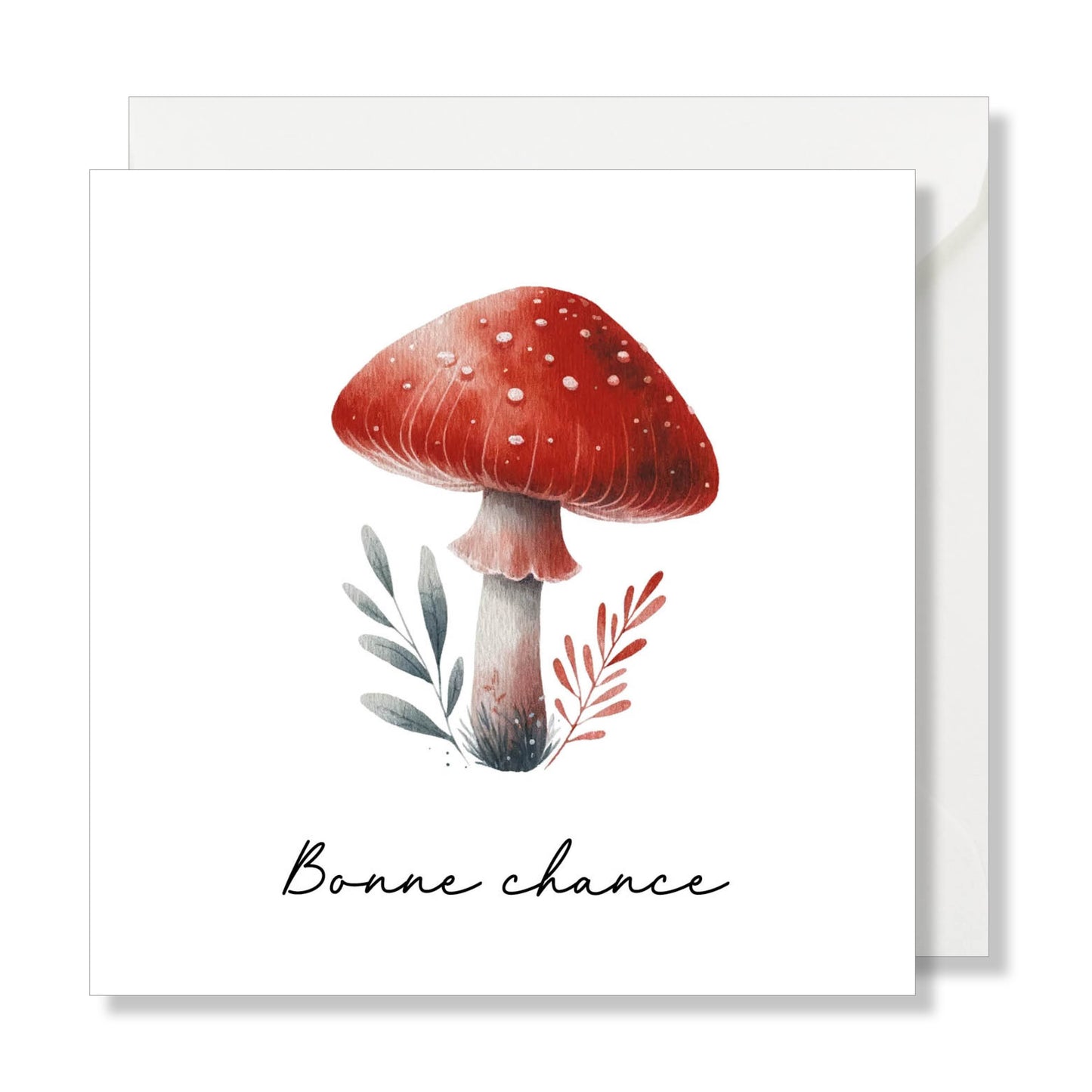 Carte de vœux carrée "bonne chance" illustration champignon rouge
