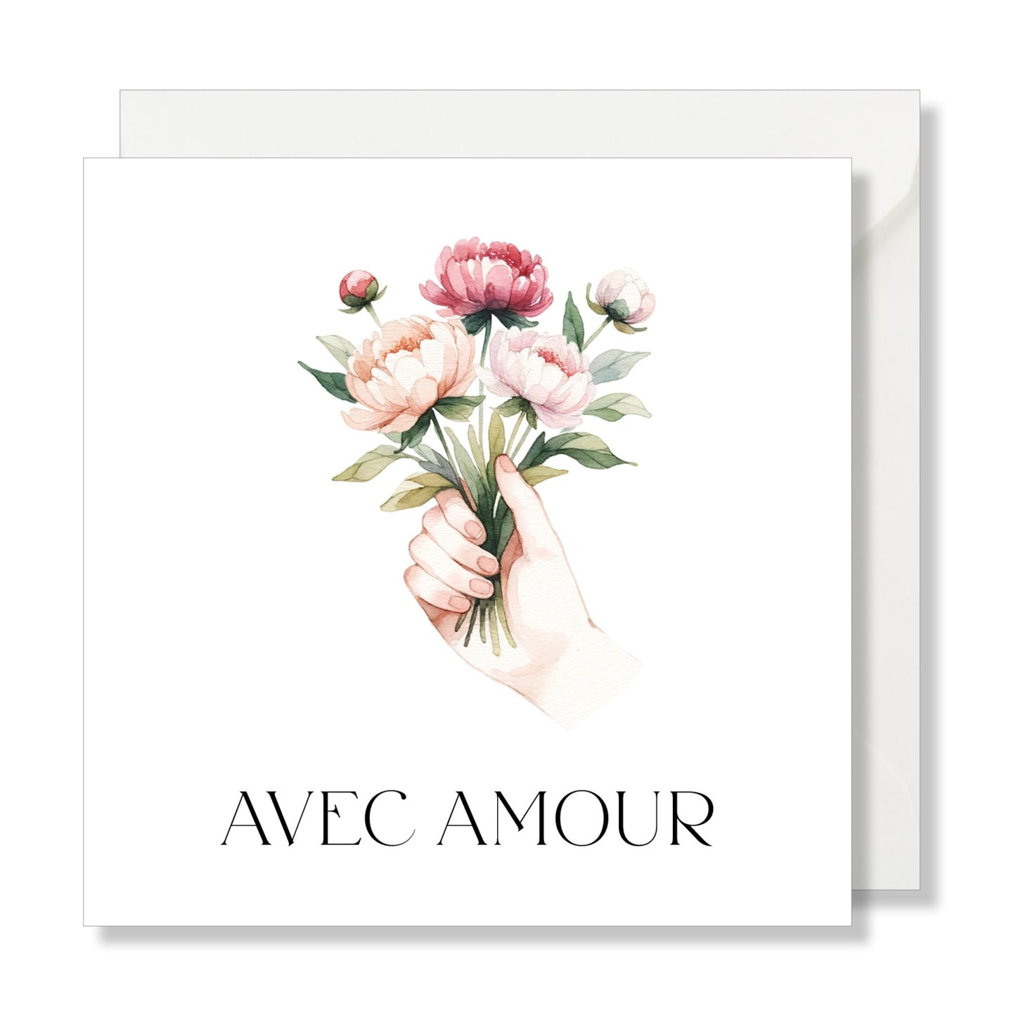 Carte de vœux carrée "avec amour" bouquet pivoines