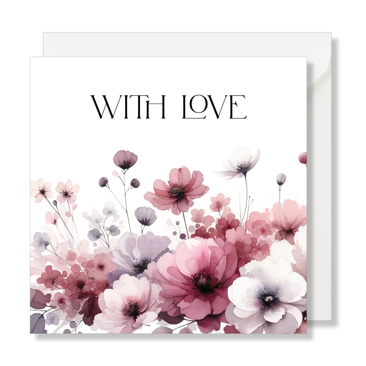 Carte de vœux carrée "with love" aquarelle fleurs