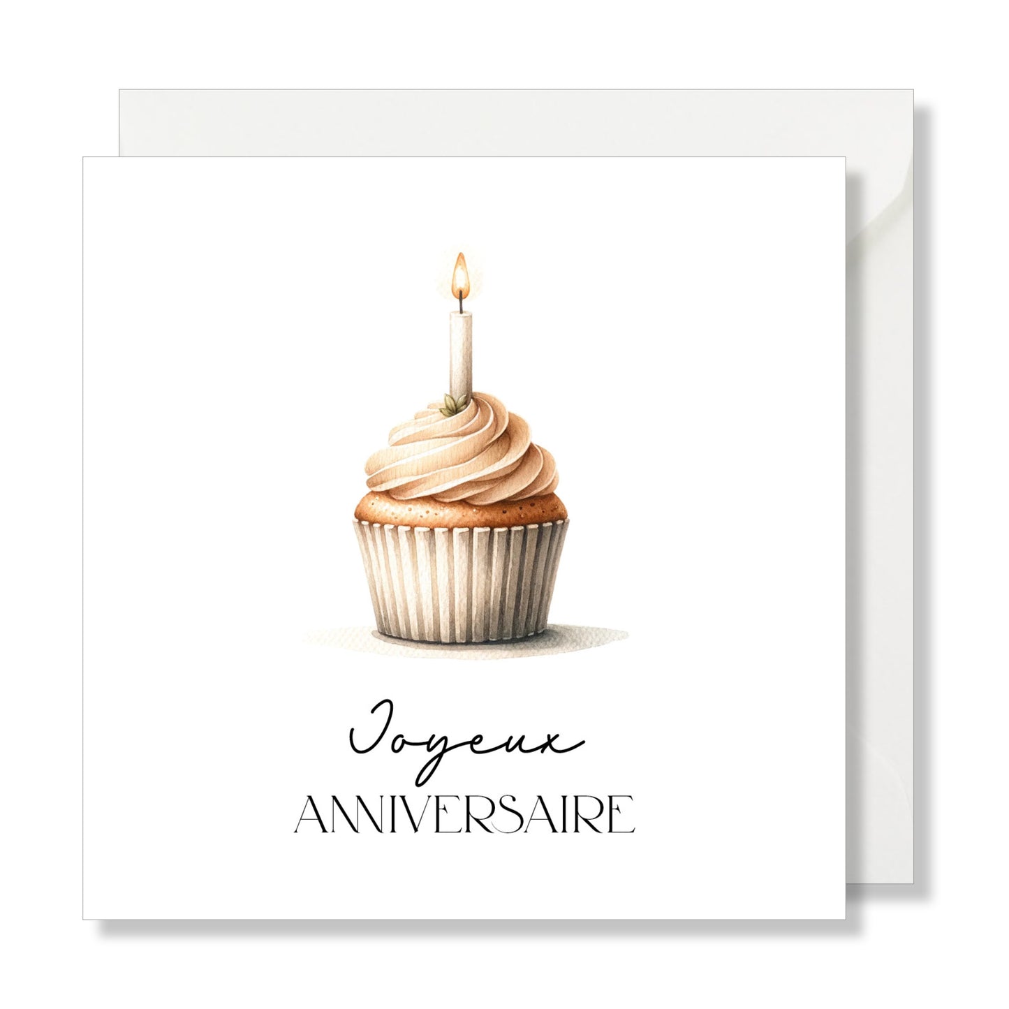 Carte de vœux carrée "joyeux anniversaire" aquarelle cupcake bougie