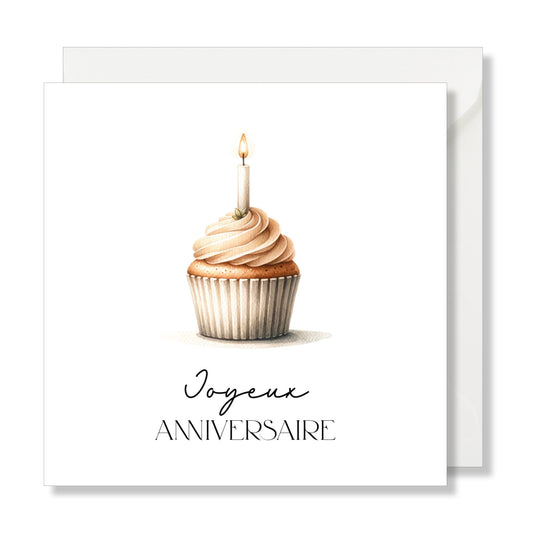 Carte de vœux carrée "joyeux anniversaire" aquarelle cupcake bougie