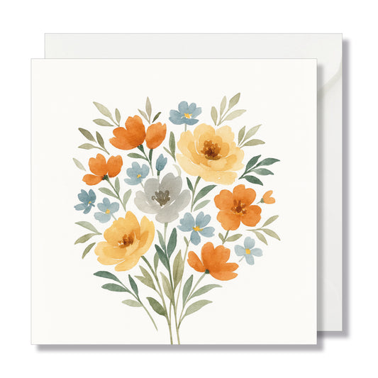 Carte de vœux carrée "bouquet fleurs jaune, orange, bleu" illustration