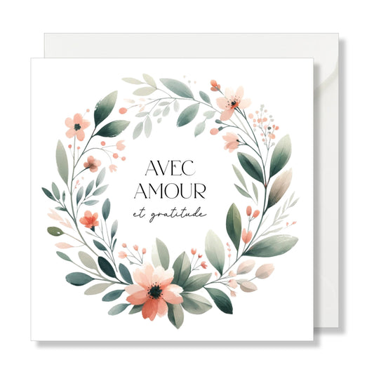 Carte de vœux carrée "avec amour et gratitude" aquarelle couronne fleurs
