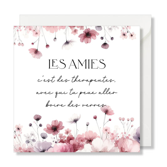 Carte de vœux carrée "les amies thérapeutes" illustration aquarelle rose