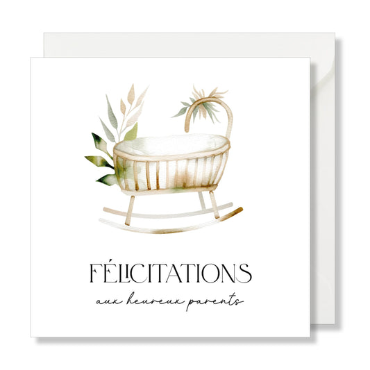 Carte de vœux carrée "félicitations" aquarelle berceau bébé