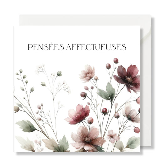 Carte de vœux carrée "pensées affectueuses" aquarelle