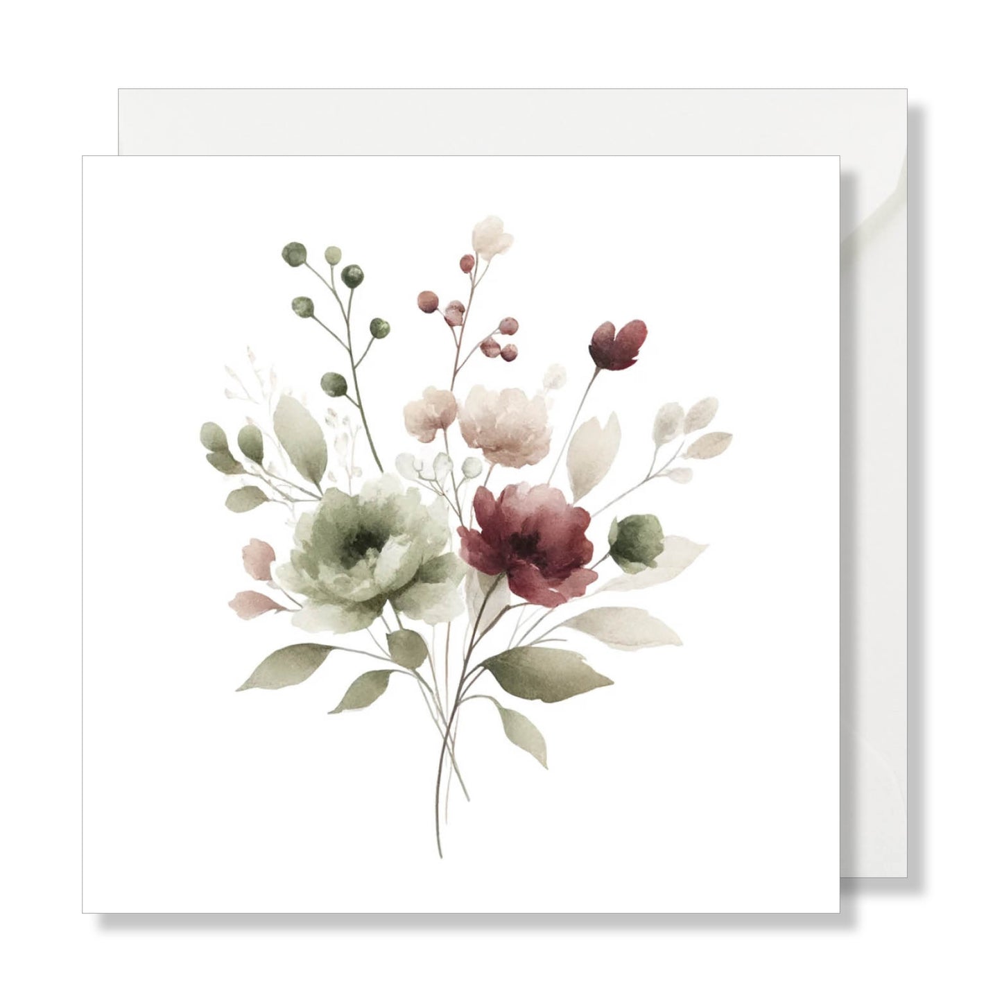 Carte de vœux carrée "illustration bouquet de fleurs automne" bordeaux vert aquarelle.
