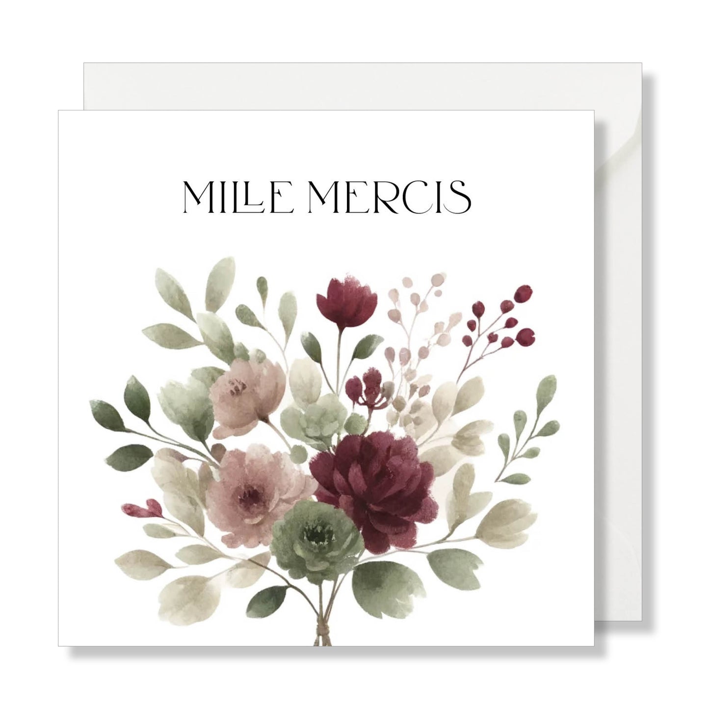 Carte de vœux carrée "mille mercis" aquarelle.