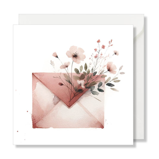 Carte de vœux carrée "enveloppe rose fleurie" illustration aquarelle.