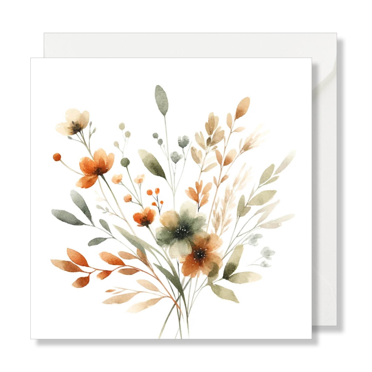 Carte de vœux carrée "bouquet de fleurs" automne orange jaune vert aquarelle.