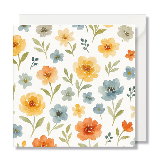 Carte de vœux carrée "fleurs jaune, orange, bleu" illustration