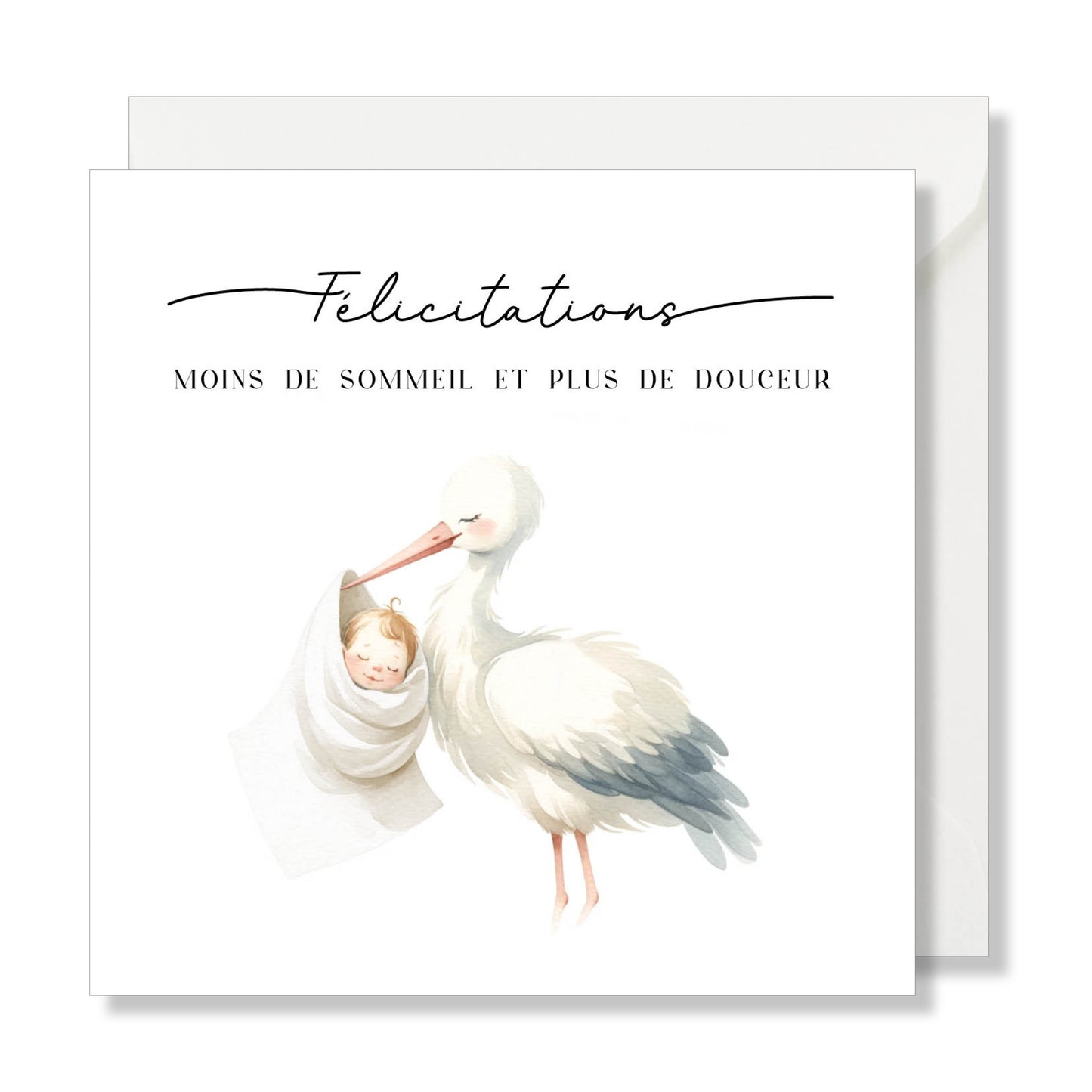 Carte de vœux carrée "félicitations" aquarelle cigogne