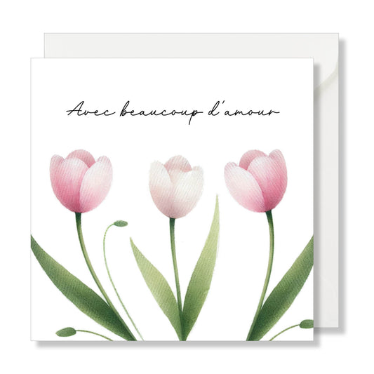 Carte de vœux carrée "avec beaucoup d'amour" tulipe rose.