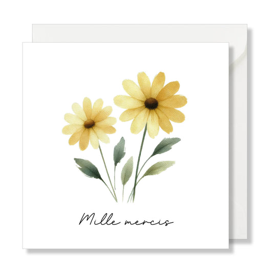 Carte de vœux carrée "mille mercis" fleur jaune.