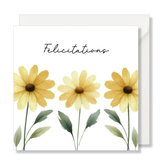 Carte de vœux carrée "félicitations" fleur jaune.