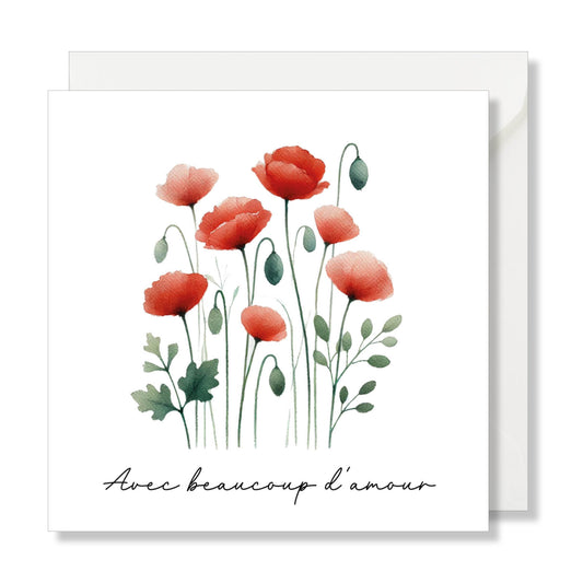 Carte de vœux carrée "avec beaucoup d'amour" coquelicot.