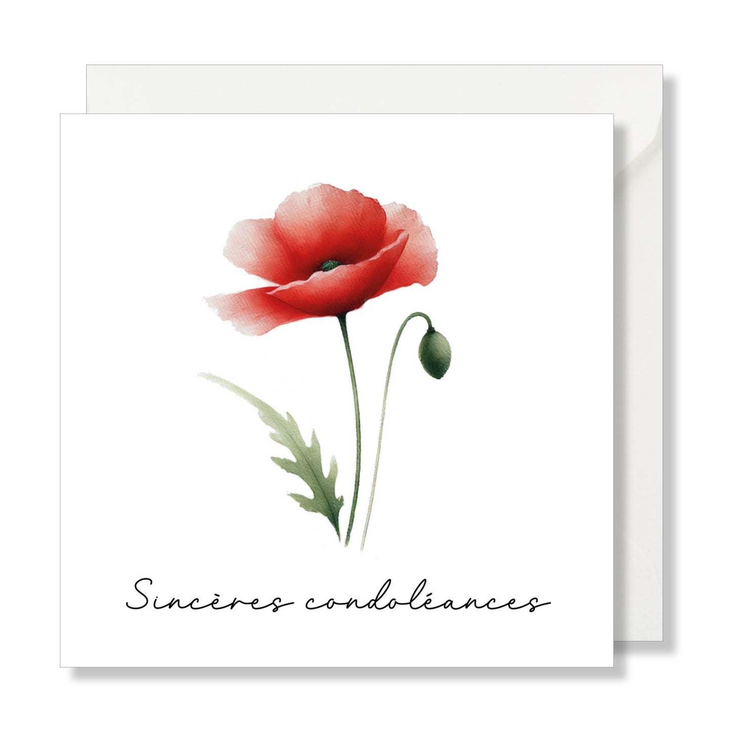 Carte de vœux carrée "sincères condoéances" coquelicot.