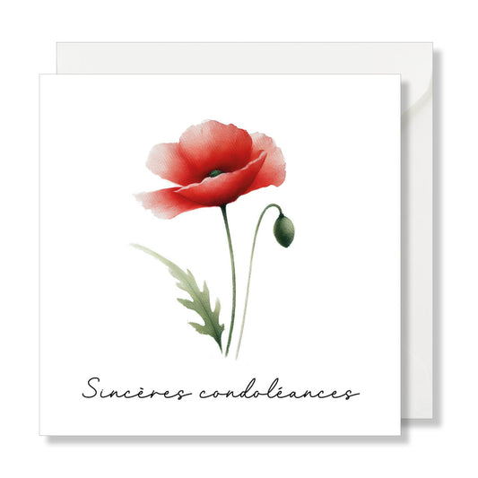 Carte de vœux carrée "sincères condoéances" coquelicot.