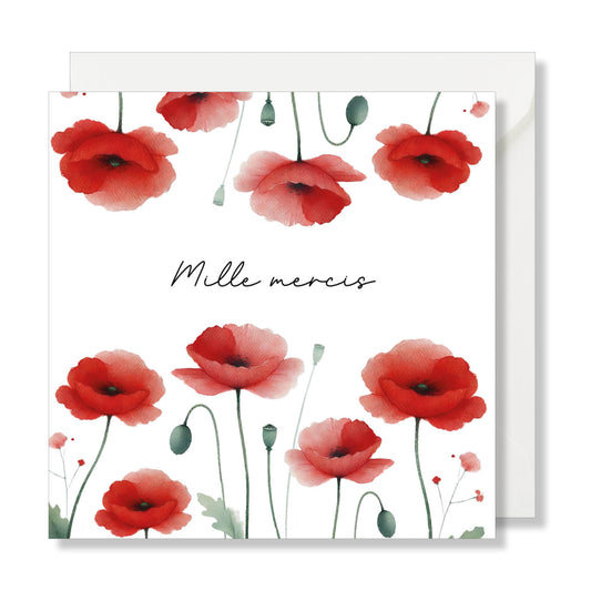 Carte de vœux carrée "mille mercis" coquelicot.