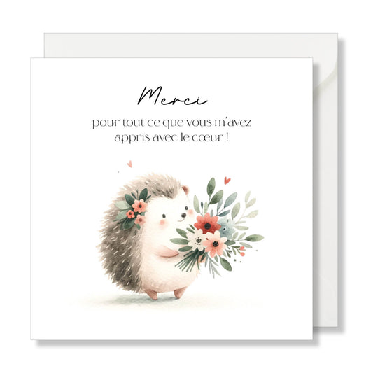 Carte de vœux carrée "merci maîtresse" hérisson