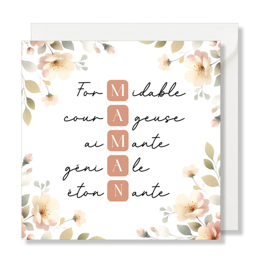 Carte de vœux carrée "maman" illustration fleurs douces