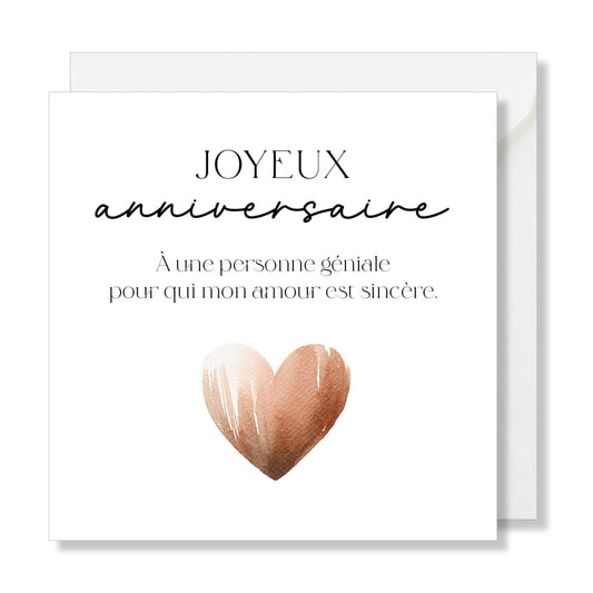 Carte de vœux carrée "joyeux anniversaire" cœur brun