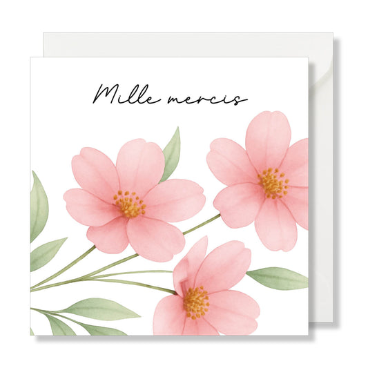 Carte de vœux carrée "mille mercis" fleurs roses illustration