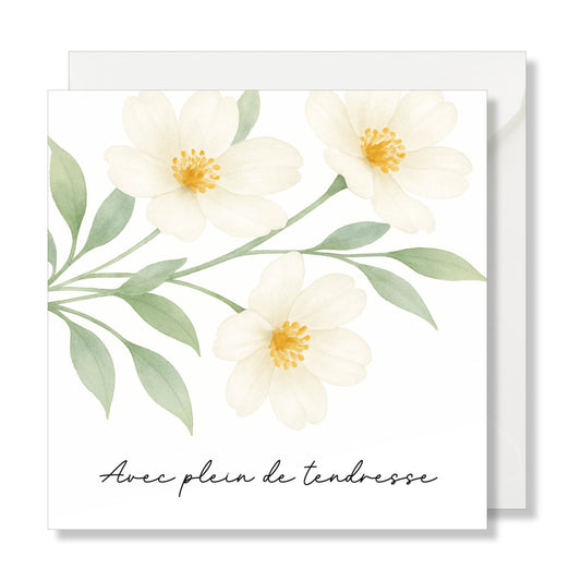 Carte de vœux carrée "avec plein de tendresse" fleurs blanches illustration