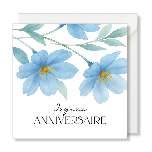 Carte de vœux carrée "joyeux anniversaire" fleurs bleu illustration