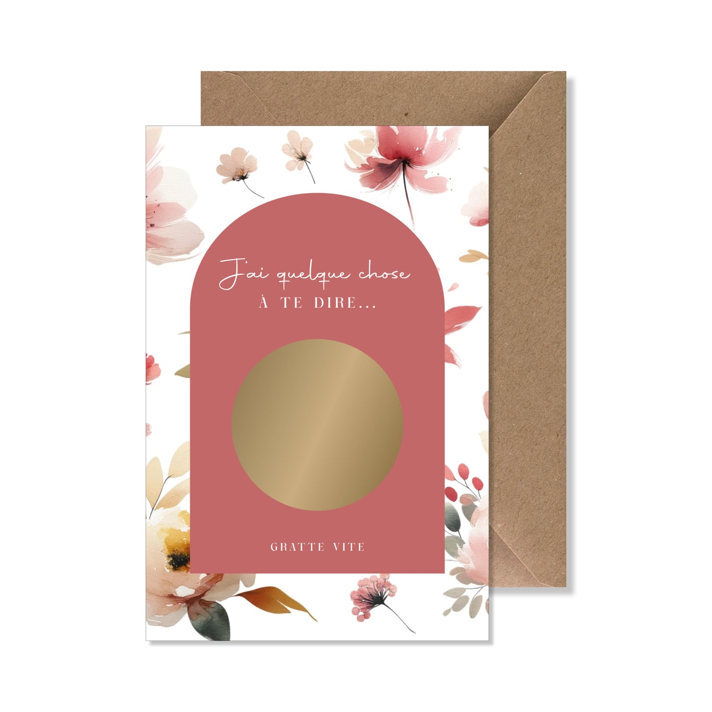 Kit carte à gratter "j'ai quelque chose à te dire..." fleurs rose jaune