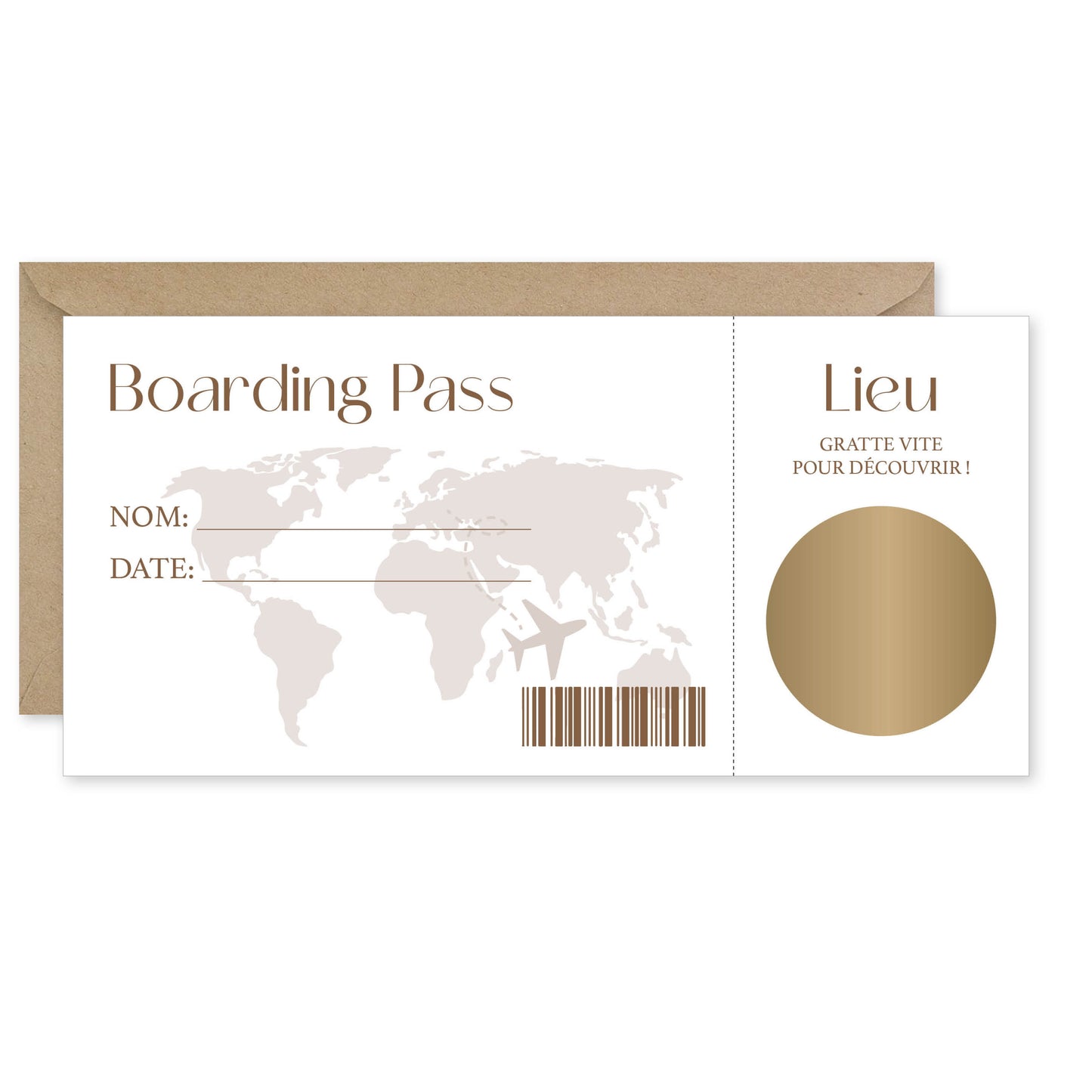 Kit carte à gratter "boarding pass" brun.