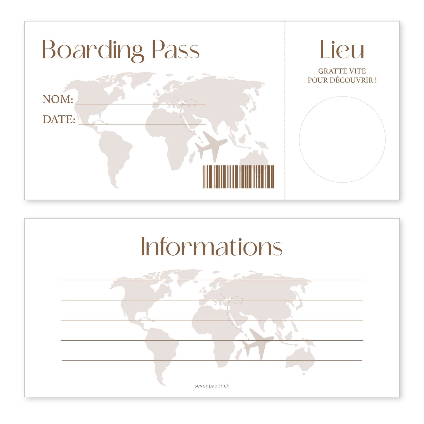 Kit carte à gratter "boarding pass" brun.