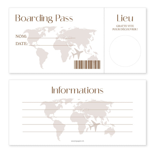 Kit carte à gratter "boarding pass" brun.