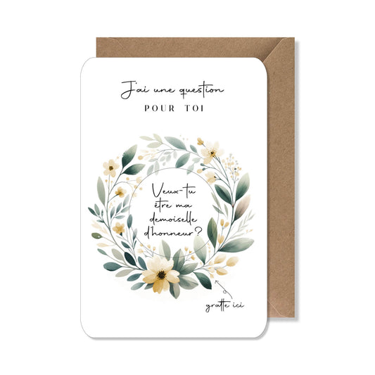 Carte mariage message à gratter - demoiselle d'honneur aquarelle jaune