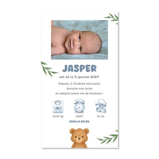 Faire-part de naissance numérique virtuel ours feuilles forêt bleu