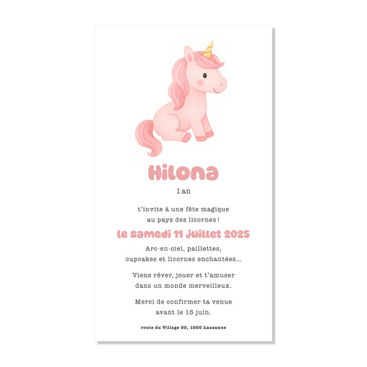 Invitation anniversaire numérique fille rose licorne aquarelle