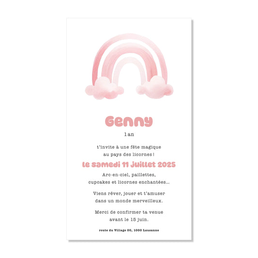Invitation anniversaire numérique fille rose arc-en-ciel nuages aquarelle