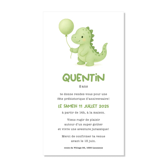 Invitation anniversaire numérique dinosaure ballon vert aquarelle