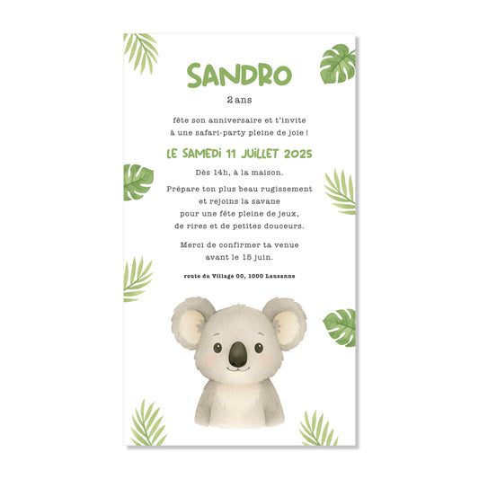 Invitation anniversaire numérique koala tropical feuilles vert aquarelle