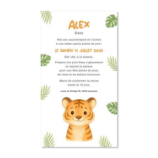 Invitation anniversaire numérique tigre tropical feuilles vert aquarelle