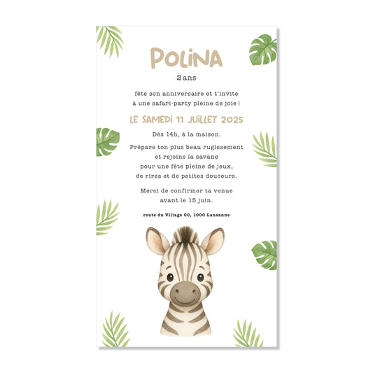Invitation anniversaire numérique zèbre tropical feuilles vert aquarelle
