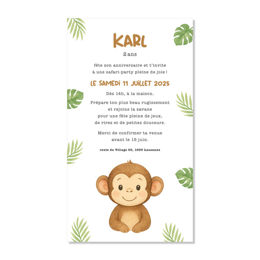 Invitation anniversaire numérique singe tropical feuilles vert aquarelle