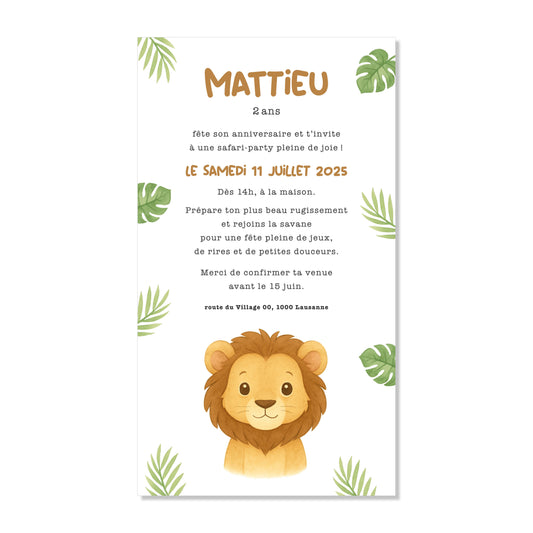 Invitation anniversaire numérique lion tropical feuilles vert aquarelle