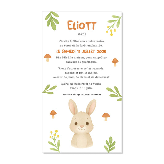 Invitation anniversaire numérique lapin feuilles forêt aquarelle