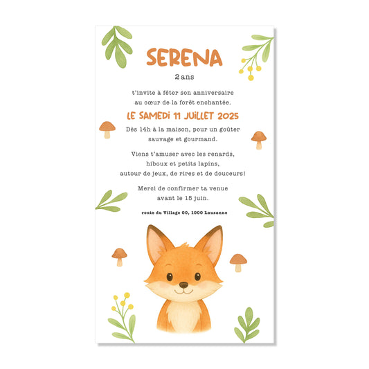 Invitation anniversaire numérique renard feuilles forêt aquarelle