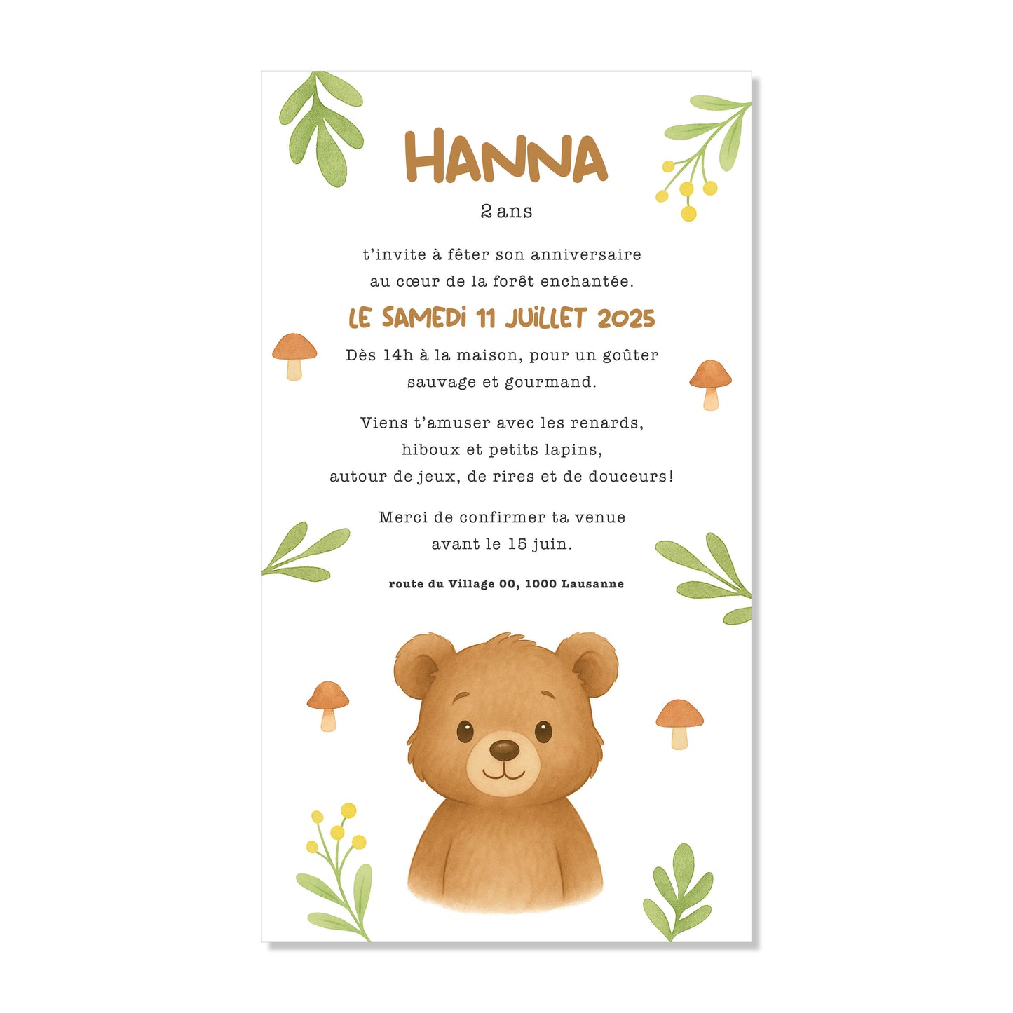 Invitation anniversaire numérique ours feuilles forêt aquarelle