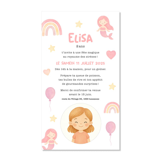 Invitation anniversaire numérique sirènes mer rose / jaune