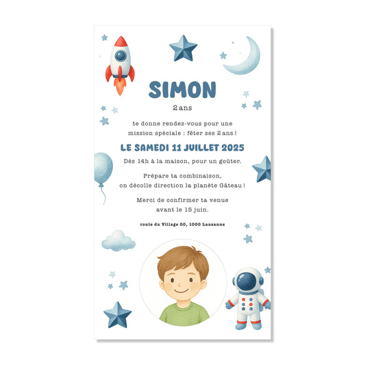 Invitation anniversaire numérique fusée astronaute bleu rouge